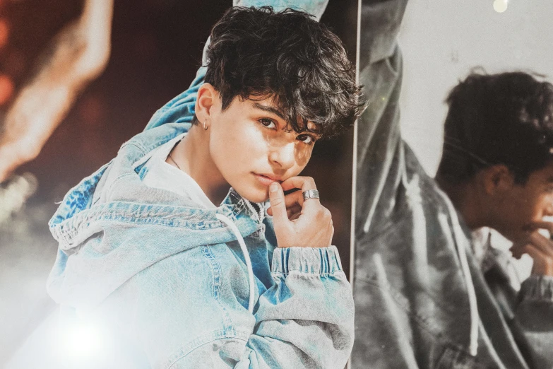 a couple of young men standing next to each other, an album cover, inspired by John Luke, trending on pexels, photorealism, portrait of kpop idol, double denim, beautiful androgynous prince, profile shot