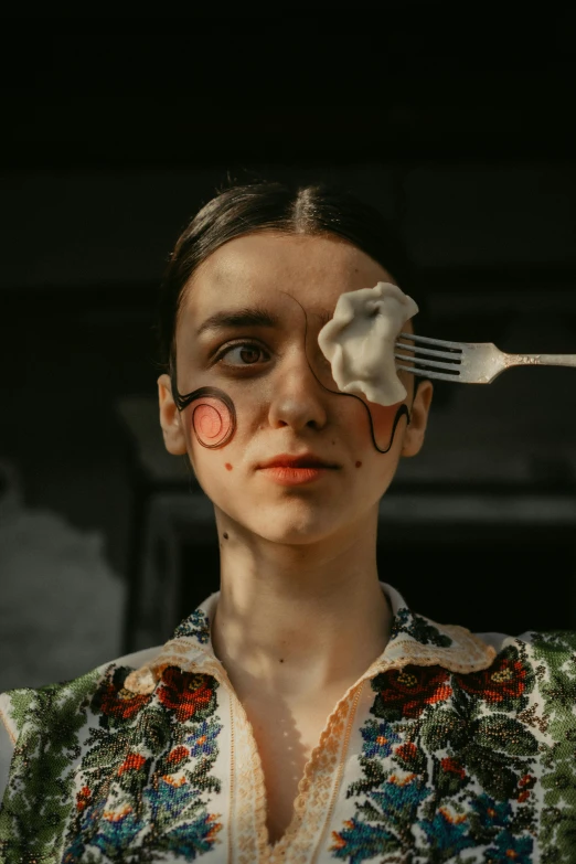 a woman with a fork sticking out of her eye, inspired by Anna Füssli, pexels contest winner, film still promotional image, ukrainian, a plaster on her cheek, eyepatches