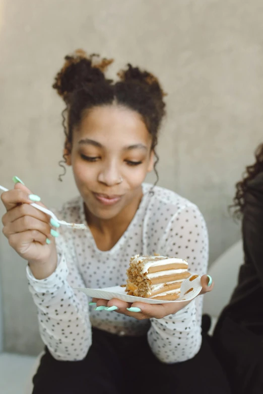 a woman holding a plate with a piece of cake on it, trending on unsplash, renaissance, black teenage girl, girl with brown hair, wafflehouse, profile image