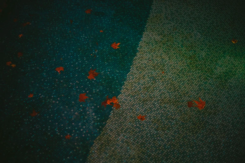 a red fire hydrant sitting on the side of a road, an album cover, inspired by Elsa Bleda, pointillism, fall leaves on the floor, the poolrooms, teal cloth, ignant