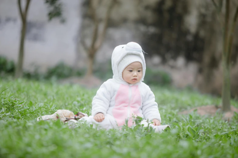 a baby sitting in the grass with a stuffed animal, by Leng Mei, unsplash, wearing white silk hood, guangjian huang, background image, costume