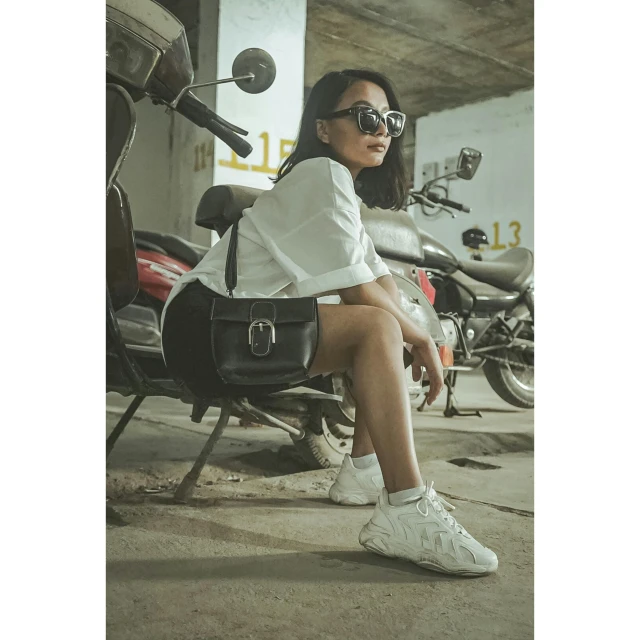 a woman sitting on top of a motor scooter, a portrait, inspired by Rudy Siswanto, pexels contest winner, happening, white shoes, instagram story, with sunglass, white cyborg fashion shot