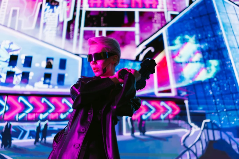 a person holding a gun in front of a building, cyberpunk art, pexels contest winner, violet and aqua neon lights, barbie cyborg, on a futuristic shopping mall, cyberpunk sunglasses