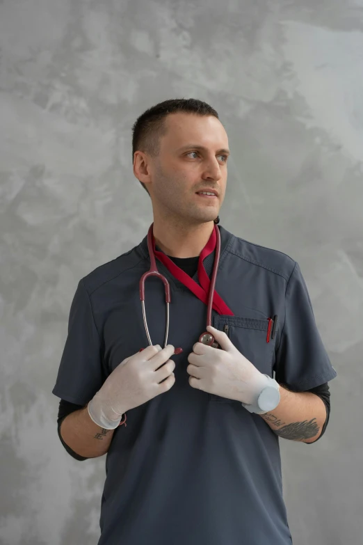 a man with a stethoscope around his neck, trending on reddit, wearing gloves, payne's grey and venetian red, professional product photo, on a gray background