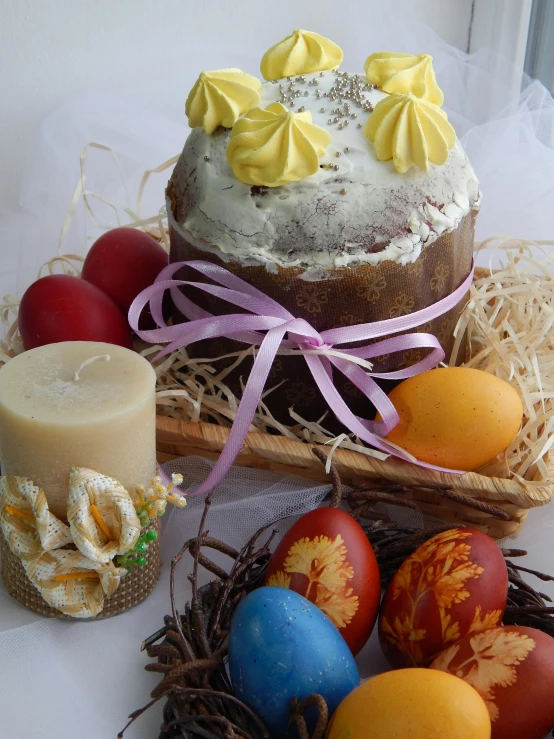 a cake sitting on top of a table next to eggs, various items, detailed product image, candles, thumbnail