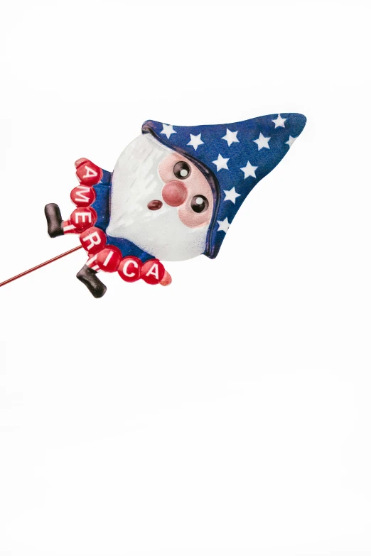 a kite shaped like a gnome flying in the sky, a picture, stars and stripes, set against a white background, balloon, promo image