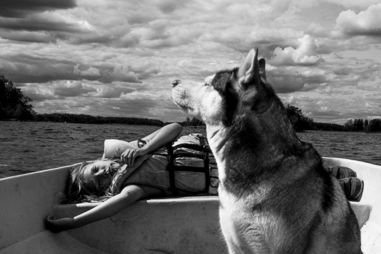 a dog that is sitting in a boat, a black and white photo, by Anato Finnstark, art photography, husky, summer sky, aleksandra waliszewska, by greg rutkowski