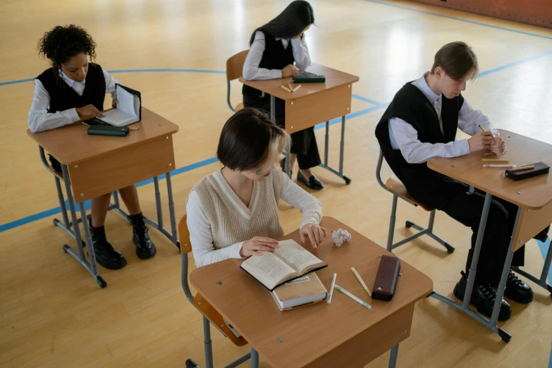 a group of children sitting at desks in a classroom, pexels contest winner, danube school, russian academicism, maurizio cattelan, in the high school gym, thumbnail