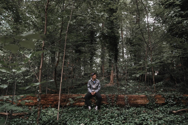 a man sitting on a log in the woods, an album cover, unsplash, visual art, portrait image, full body photograph, ignant, postprocessed