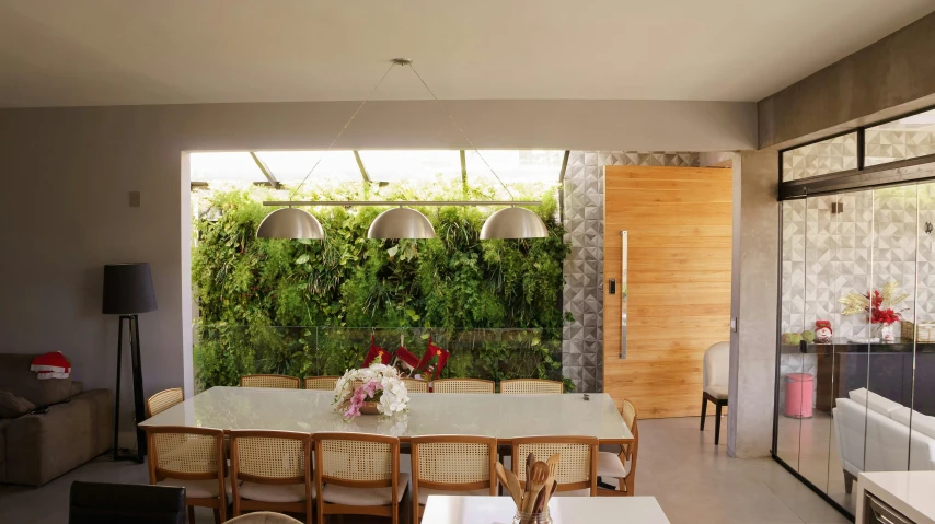 a living room filled with furniture and a dining table, inspired by Fernando Gerassi, unsplash, vertical gardens, in sao paulo, modern rustic”, steel archways