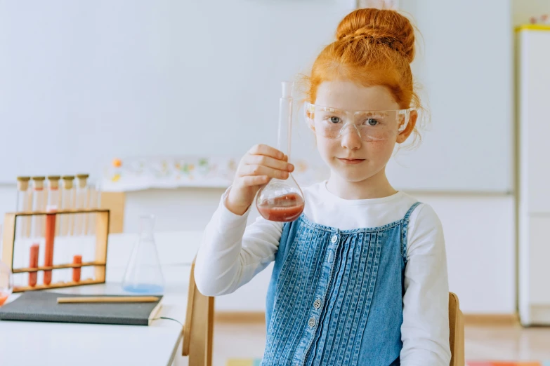 a little girl that is holding a glass in her hand, pexels contest winner, working in her science lab, ( redhead, 1 2 9 7, school girl