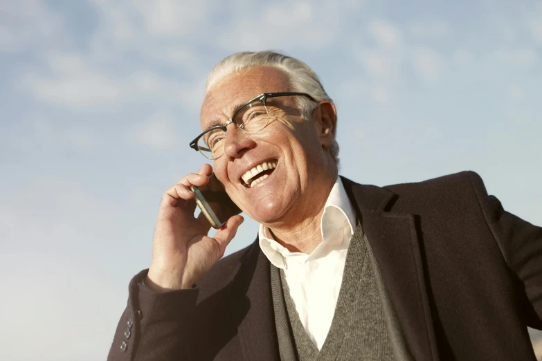 a man with glasses talking on a cell phone, a photo, by Matthias Stom, figuration libre, white-haired, sky - fi, selling insurance, 15081959 21121991 01012000 4k
