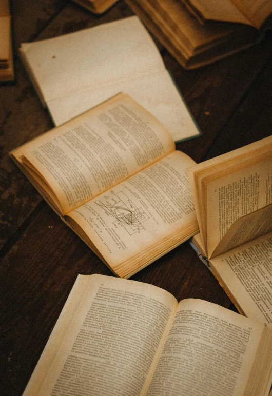 an open book sitting on top of a wooden table, many copies of them, informative texts, well worn, leering