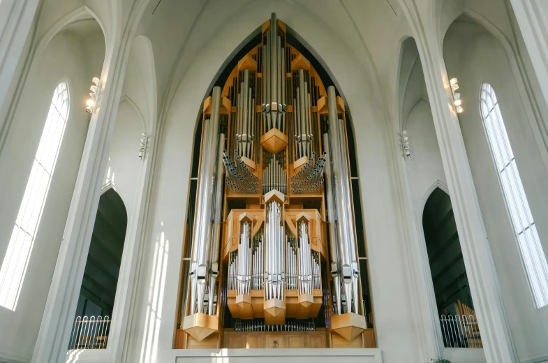 a large pipe organ sitting inside of a church, inspired by Bryan Organ, unsplash, modernism, reykjavik junior college, 🎨🖌️, view from front, white