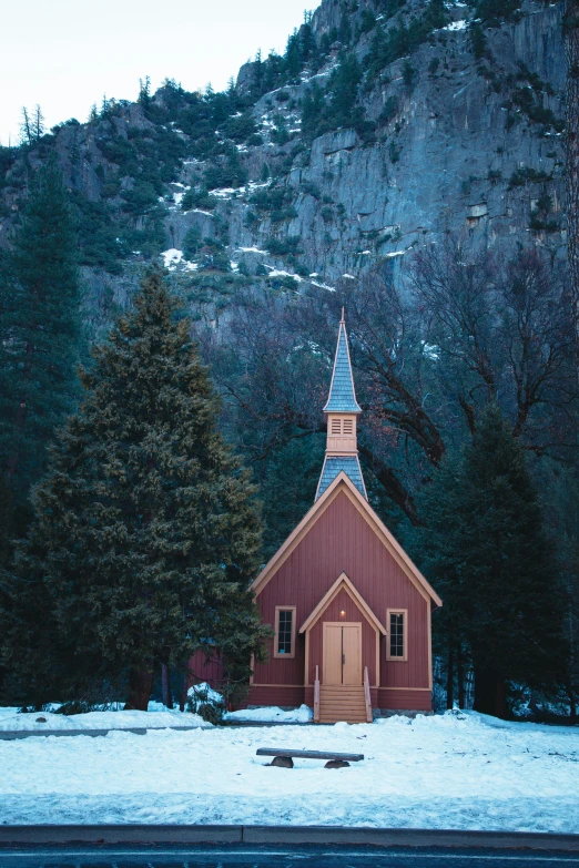 a small red church sitting in the middle of a snow covered field, a picture, unsplash contest winner, hudson river school, yosemite valley, 🌲🌌, square, tiny house