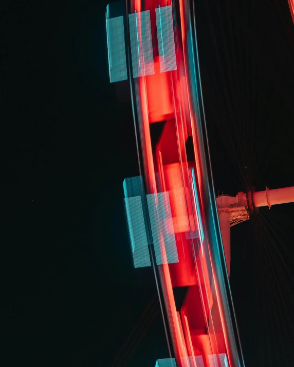 a close up of a ferris wheel at night, an abstract sculpture, by Attila Meszlenyi, pexels contest winner, holography, turquoise and venetian red, red light saber, stacked image, shows a leg