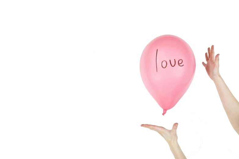 a person holding a pink balloon with the word love written on it, romanticism, b - roll, white background : 3, finger, design