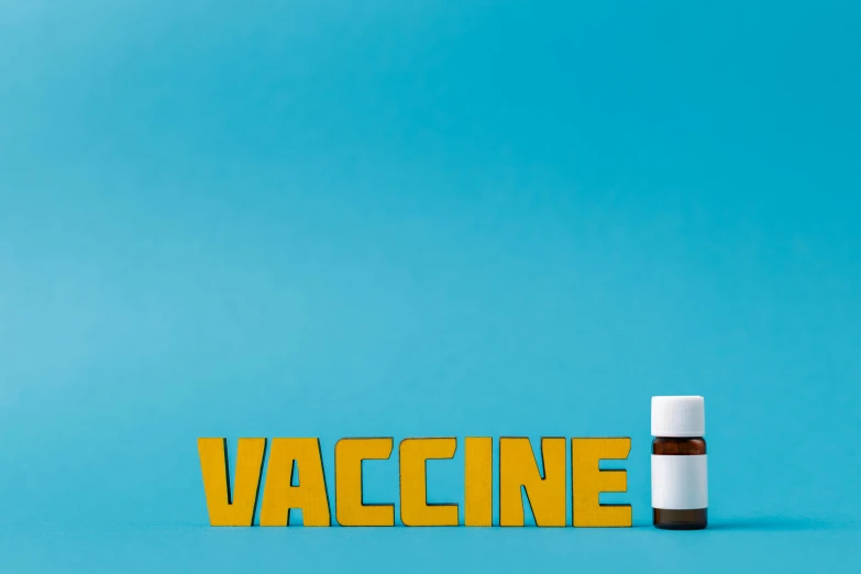 a bottle of medicine next to the word vaccine, an album cover, by Gavin Nolan, shutterstock, with a blue background, caramel, profile picture, vacation