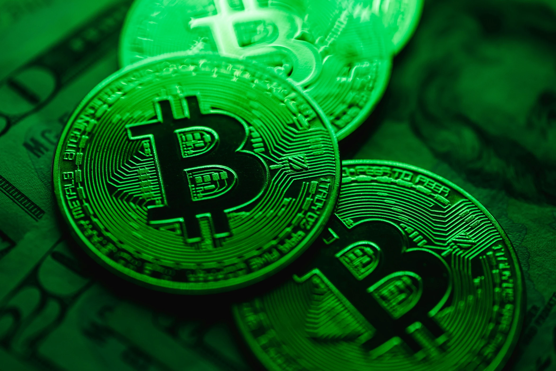 a pile of bitcoins sitting on top of a pile of money, by Meredith Dillman, shutterstock, digital art, neon green, backlighted, instagram post, photograph credit: ap