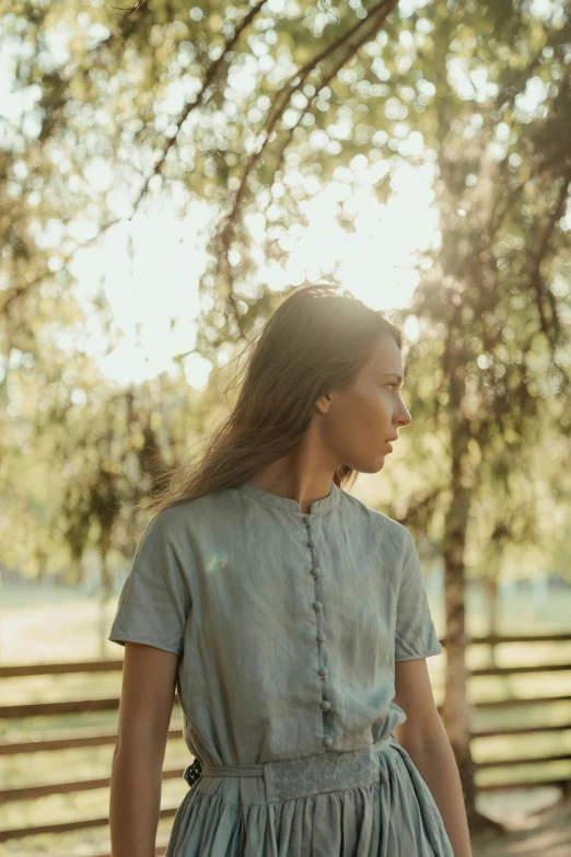 a woman in a blue dress standing in a park, by Anna Boch, unsplash, renaissance, wearing a linen shirt, looking off into the sunset, muted green, woman with braided brown hair