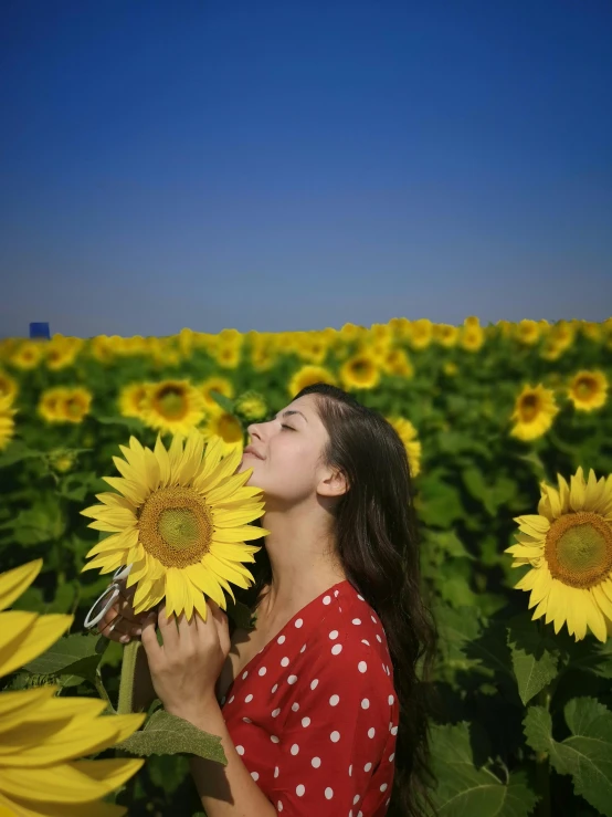 a woman standing in a field of sunflowers, by irakli nadar, xiaoguang sun, 30 years old woman, winning photograph