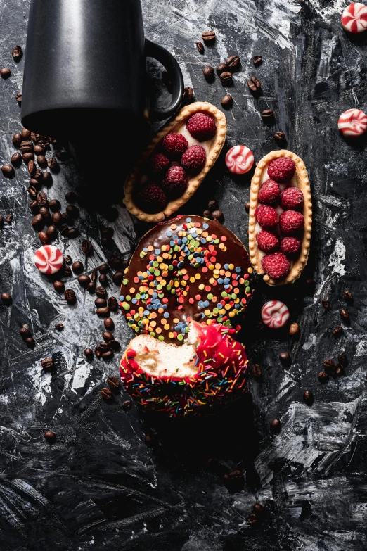 a donut with sprinkles and raspberries next to a cup of coffee, a still life, inspired by Henriette Grindat, pexels contest winner, made of candy, dark intricate, stroopwaffel, lights