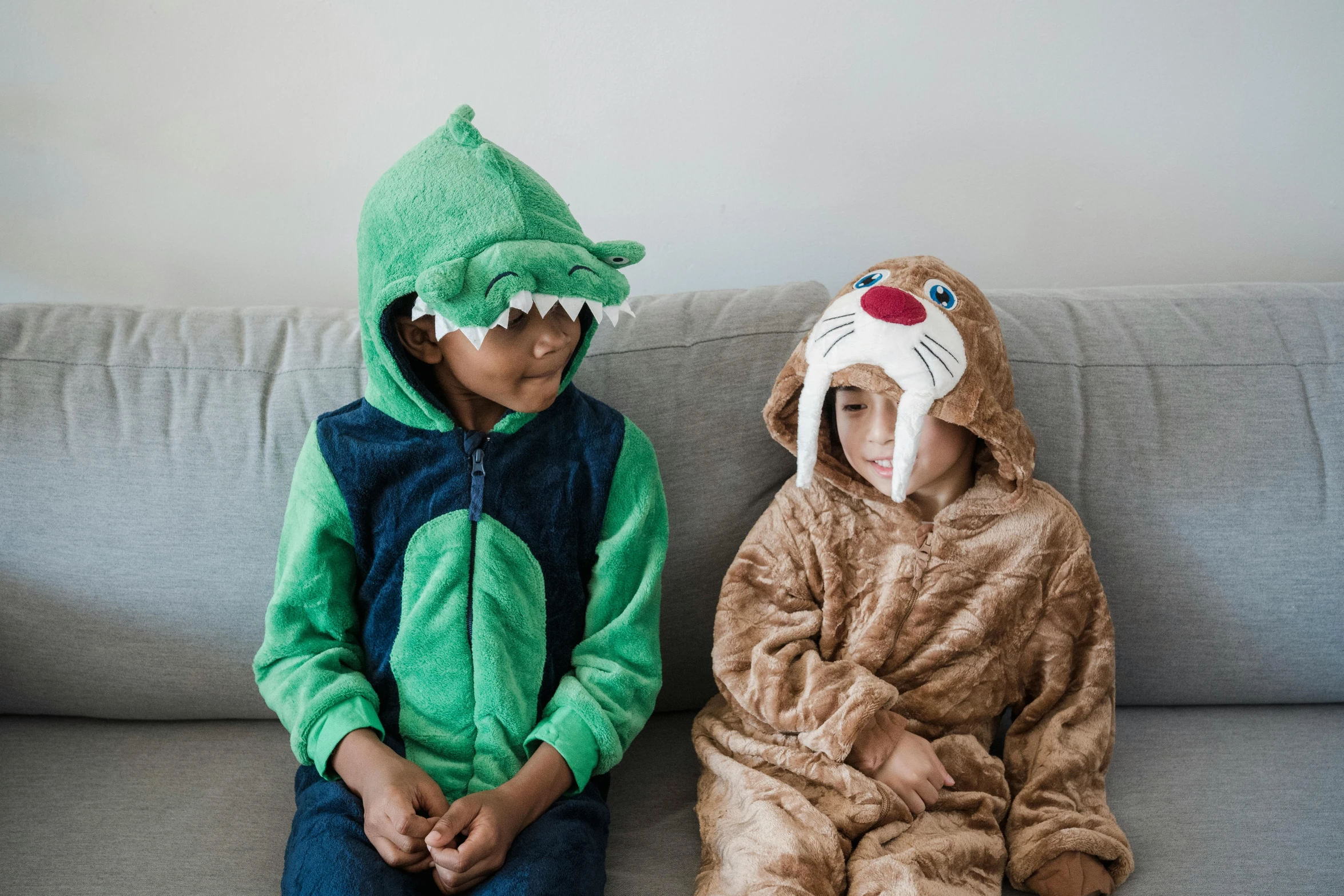 two children in animal costumes sitting on a couch, pexels, bowater charlie and brom gerald, boys, an intruder, seasonal