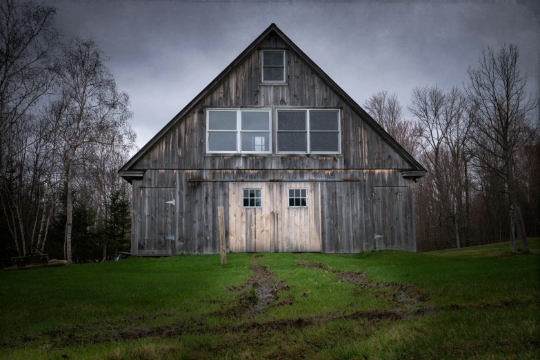 a barn sitting on top of a lush green field, a portrait, inspired by Gregory Crewdson, pexels contest winner, dark overcast weather, a wooden, front facing, the house in the forest