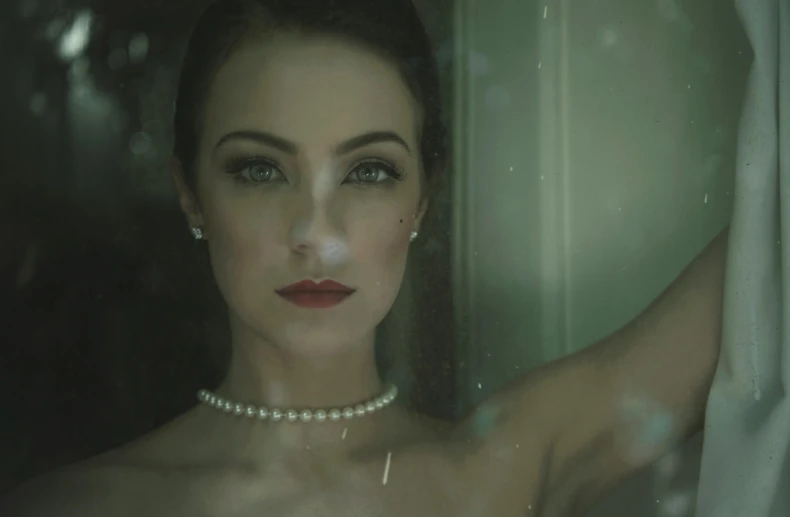 a woman that is standing in front of a window, inspired by Elsa Bleda, pexels contest winner, photorealism, jewelry pearls, old hollywood themed, still from a music video, sexy face