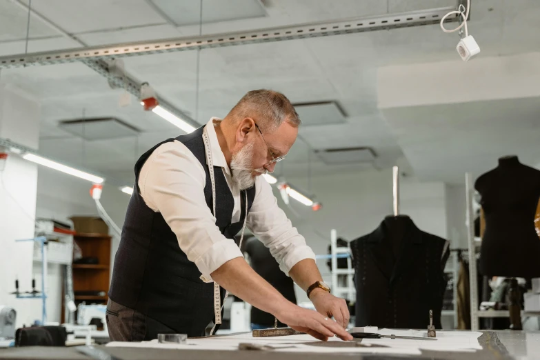 a man that is standing in a room, a silk screen, tailored clothing, avant designer uniform, stan winston, plating