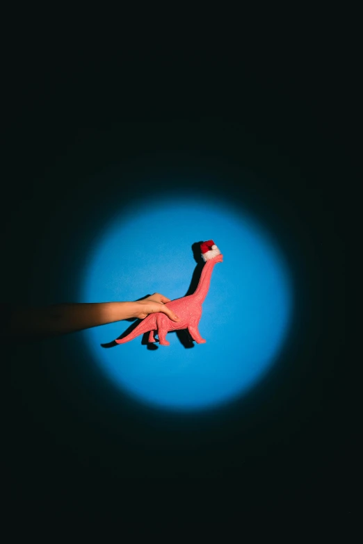 a person holding a pink toy in front of a blue background, by Paul Bird, unsplash, magic realism, dinosaur, red and cinematic lighting, on black background, long arm