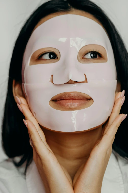 a woman with a sheet mask on her face, hyperdetailed face, facing front, asian hyperdetailed, no face