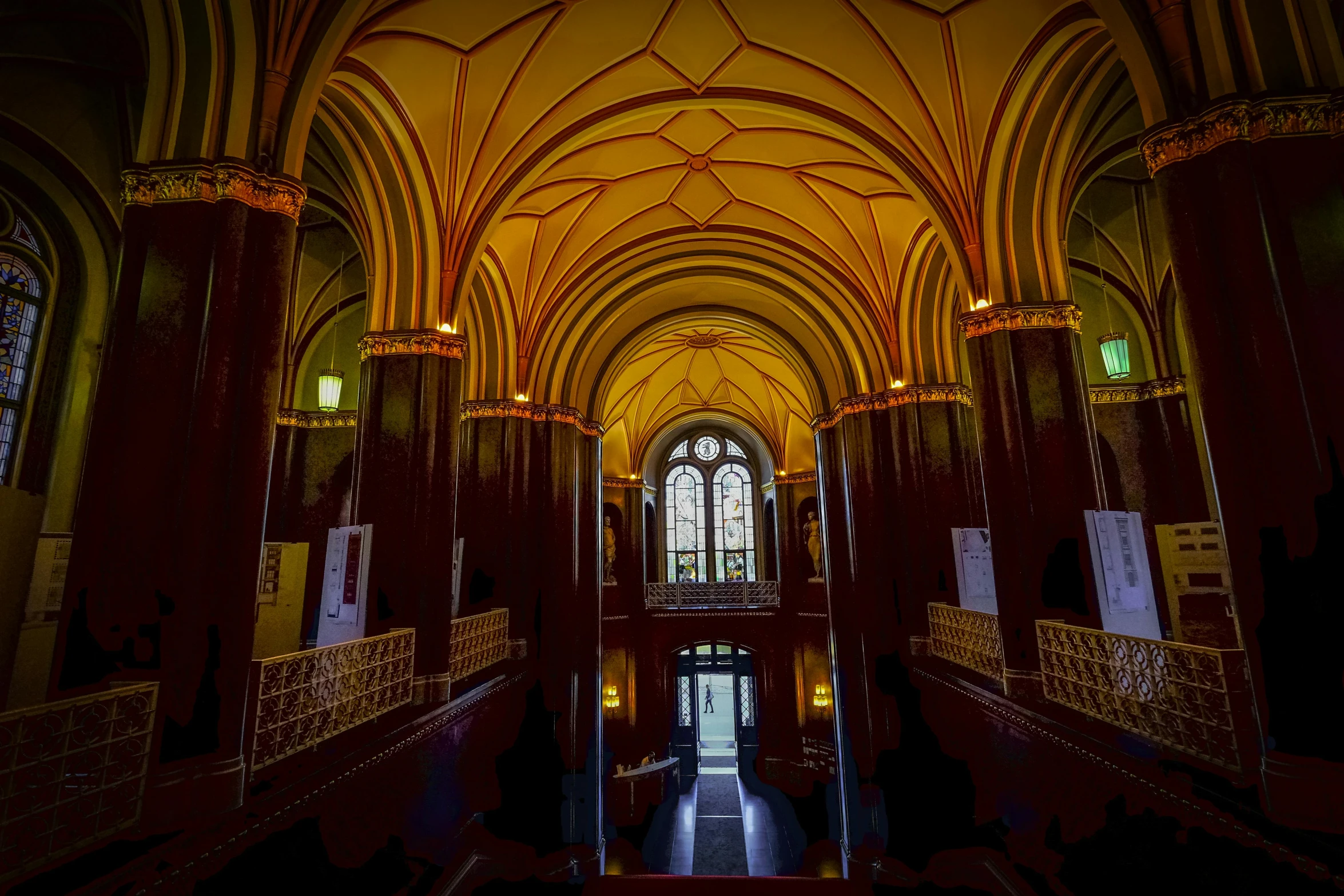 a couple of people that are standing in a building, inspired by Sydney Prior Hall, pexels contest winner, berlin secession, interior of the old cathedral, thumbnail, brown, castle library