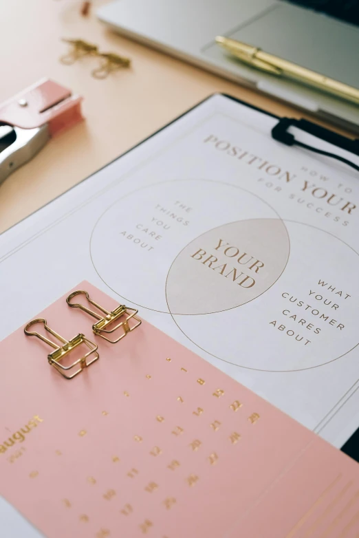 a binder sitting on top of a desk next to a laptop, a wireframe diagram, by Julia Pishtar, trending on unsplash, aestheticism, pink and gold color scheme, beautiful brand labels, holding a clipboard, high angle close up shot