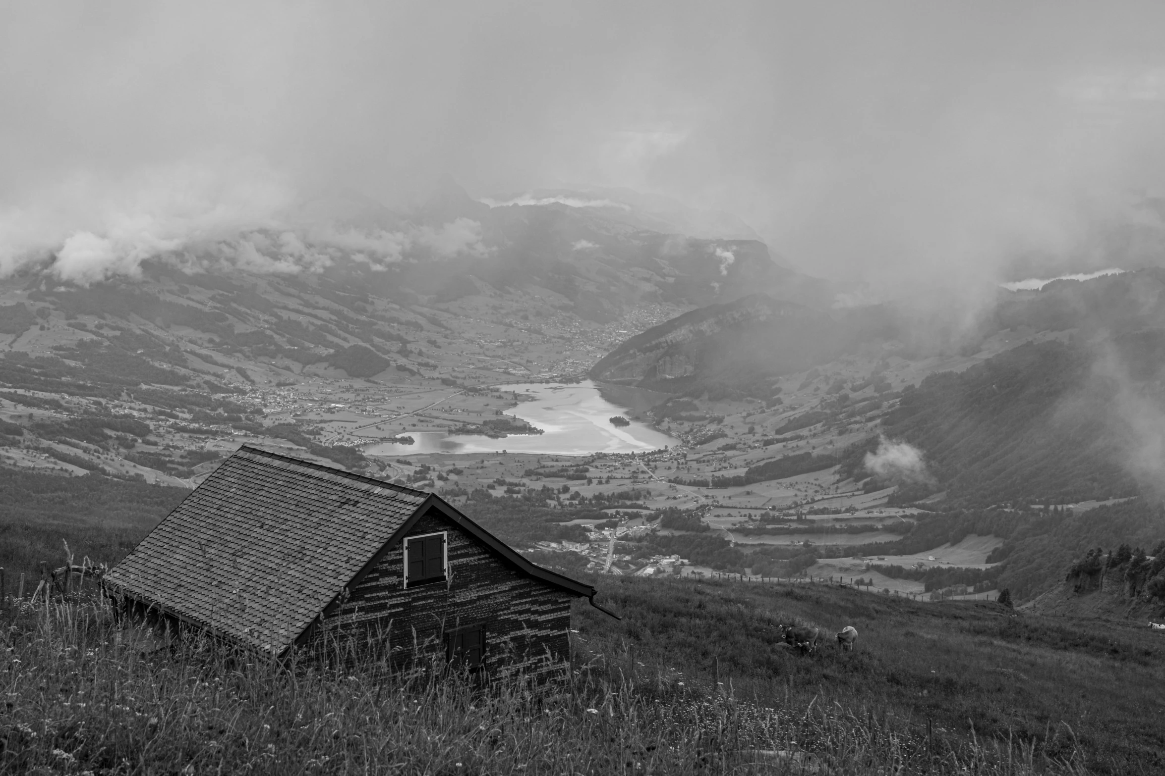 a black and white photo of a cabin in the mountains, by Cedric Peyravernay, pexels contest winner, figuration libre, view from high, covered!, old picture, portrait!!!!