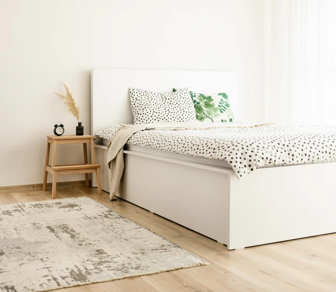 a white bed sitting on top of a wooden floor, inspired by Jan Müller, rug, speckled, medium height, design only