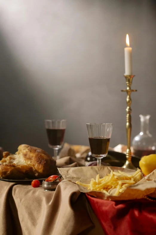 a table that has a bunch of food on it, inspired by Caravaggio, shutterstock contest winner, renaissance, moody light, coke and chips on table, historically accurate, grey