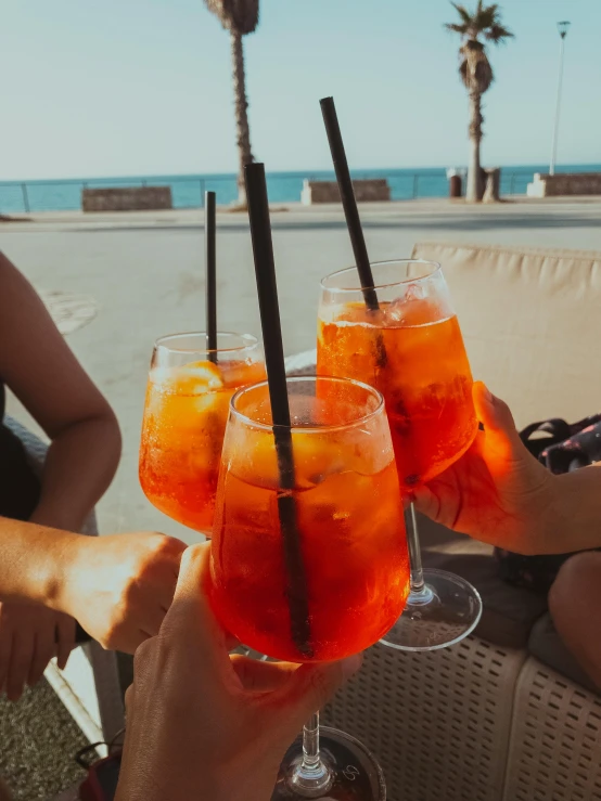 a group of people sitting at a table with drinks, by Robbie Trevino, pexels contest winner, renaissance, happy italian beach scene, iced tea glass, red and orange colored, marbella