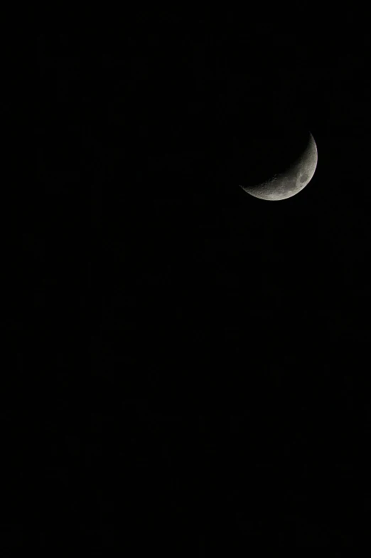 the moon is lit up in the dark sky, a picture, by Peter Churcher, crescent moon, sickle, pitch black, noon