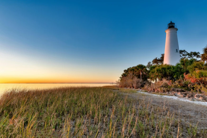 a lighthouse sitting on top of a sandy beach, by Jeffrey Smith, pexels contest winner, located in a swamp at sunrise, tyndall rays, stretch, white