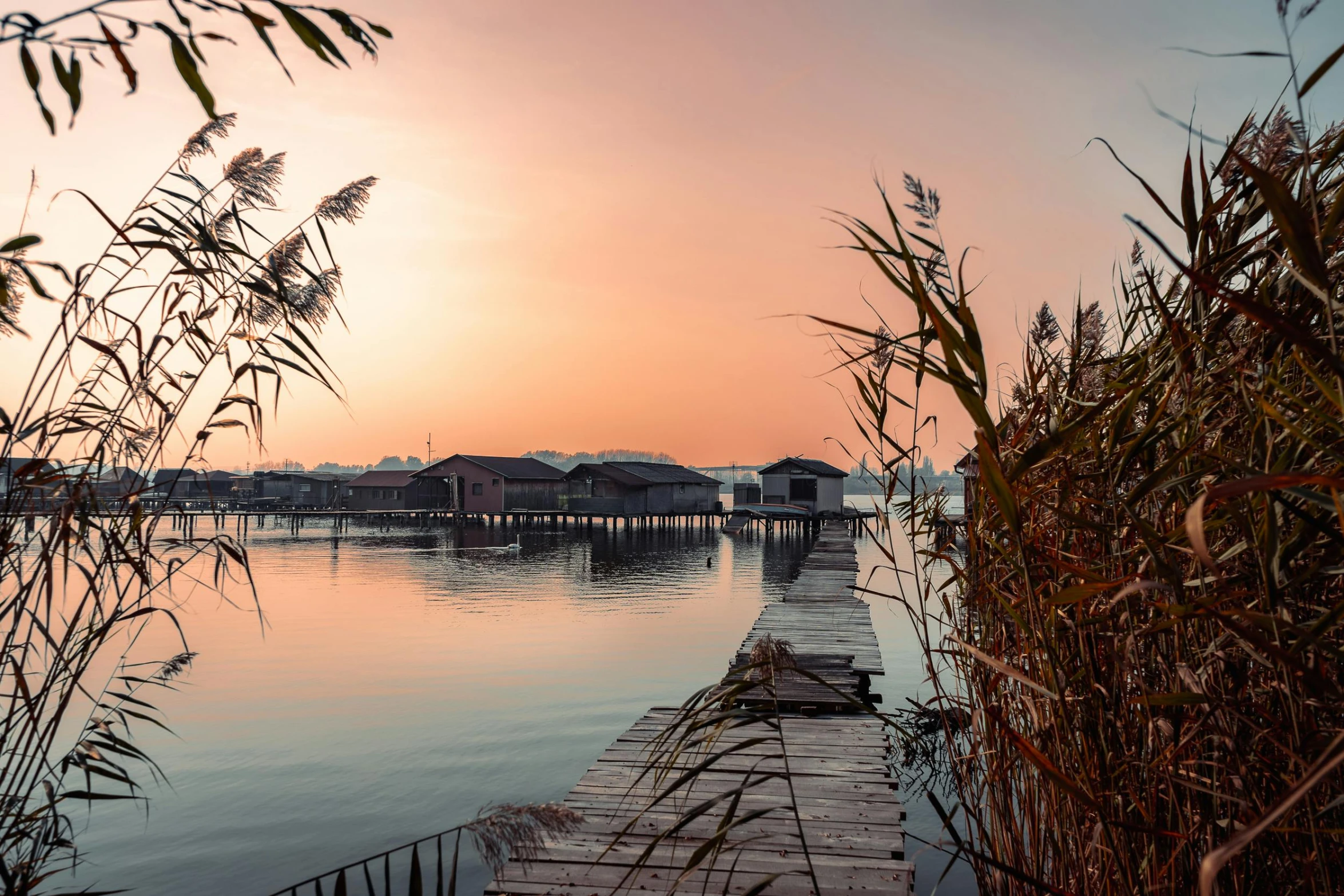 a dock that is next to a body of water, by Jan Tengnagel, pexels contest winner, renaissance, bamboo huts, pink golden hour, overlooking river aufidius italy, slide show