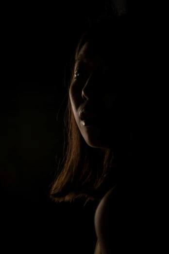 a close up of a woman's face in the dark, side portrait imagery, back light contrast, an asian woman, ((portrait))