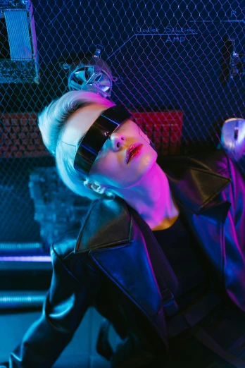 a woman in a black leather jacket and sunglasses, inspired by David LaChapelle, trending on pexels, holography, cai xukun, blade runner lighting, evan rachel wood, blindfold