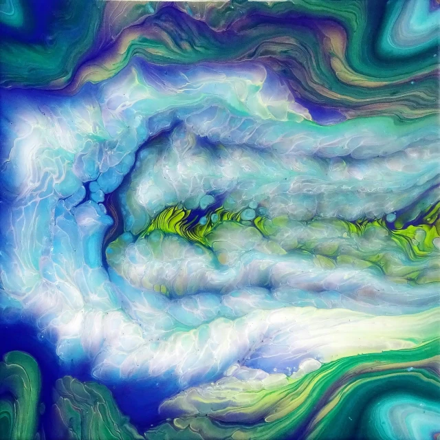 an abstract painting with blue and green colors, flickr, generative art, cloud vortex, earthwave, psychedelic art style, water art photoshop