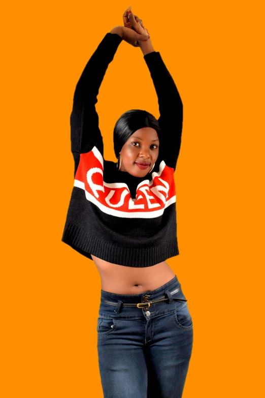 a woman with her arms in the air, an album cover, by Ella Guru, hurufiyya, black and orange, wearing a cropped top, rosen zulu, doing a sassy pose