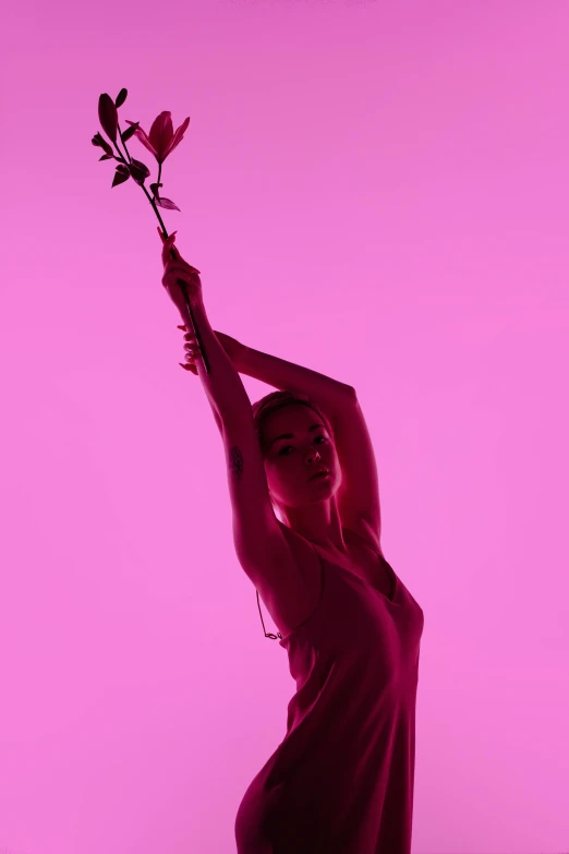 a woman in a red dress holding a flower, an album cover, unsplash, aestheticism, pink violet light, pointe pose, ((pink)), eros