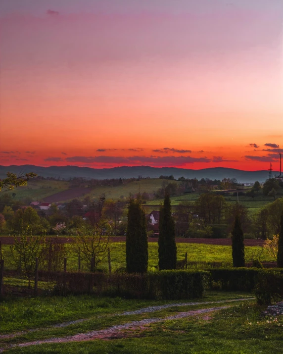 the sun is setting over a lush green field, pexels contest winner, renaissance, pink landscape, photo of zurich, red hues, cypresses and hills