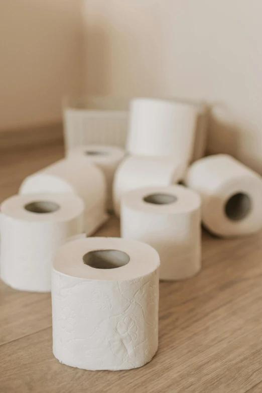 a pile of toilet paper sitting on top of a wooden floor, a picture, unsplash, square, wooden toilets, medical, julian ope