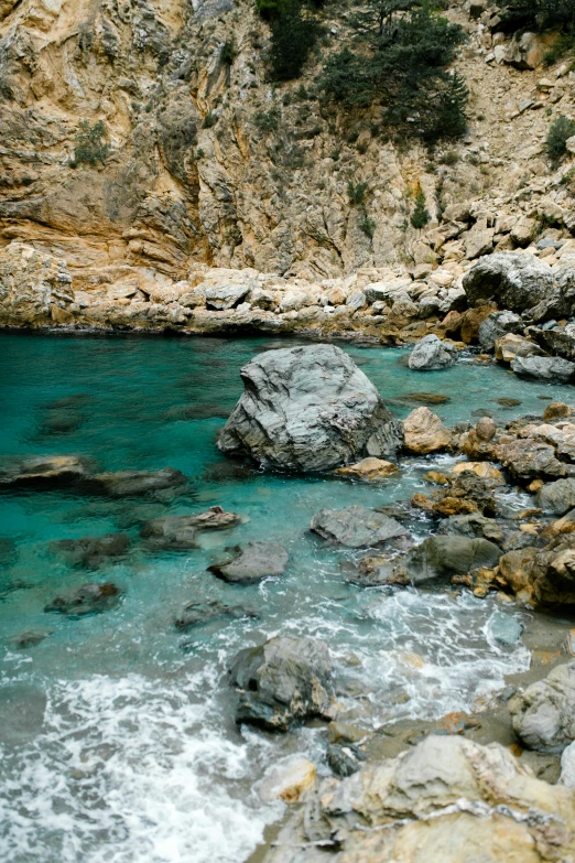 a body of water that has some rocks in it, by Carlo Carrà, unsplash, 2 5 6 x 2 5 6 pixels, costa blanca, grotto, slate