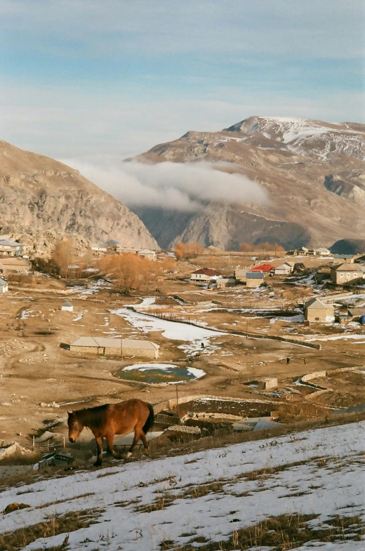 a brown horse standing on top of a snow covered hillside, les nabis, ground level view of soviet town, lush valley, reza afshar, julia hetta